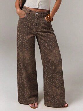 Coffee Brown Casual Women's Textured Print Wide Leg Denim Jeans